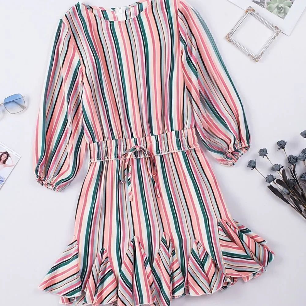 Striped High Waisted Mini Dress, M - Picture 7 of 8